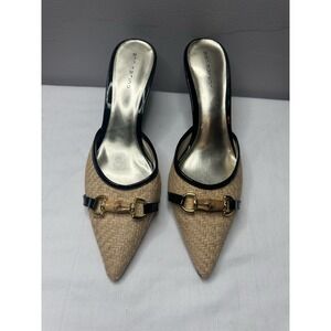 Ann Marino Raffia Upper Pump 3" Heel Patent Leather Sz 10 Natural Bamboo Buckle